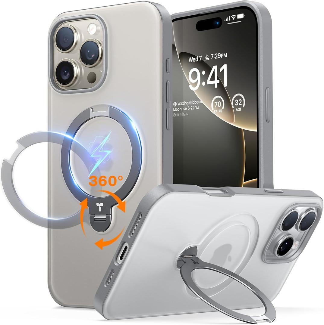 TORRAS 360 Spin Magnetic Stand for iPhone 16 Pro Max Case, Fit for MagSafe, 12FT Mil-STD Shockproof Ostand Case for 16 Pro Max Phone Case with Kickstand Rotatable, Natural Titanium Grey 6.9" (16 Pro Max Case, 6.9'', Grey)
