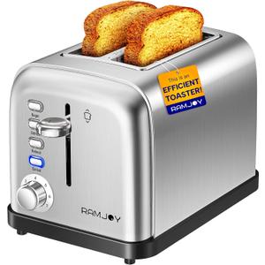 RAMJOY Toaster 2 Slice, Extra Wide Slot Toaster for Bagels, Bread, Waffles, 7 Shade Settings, 4 Main Functions, Removable Crumb Tray, 900 Watts Toasters, Brushed Stainless Steel