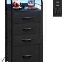 WLIVE Night Stand with Charger Station, LED Nightstand with 4 Fabric Drawers and Storage Shelf, Tall Dresser for Bedroom, 37.48" H Bedside Table with 3 USB Ports and Outlets, Black
