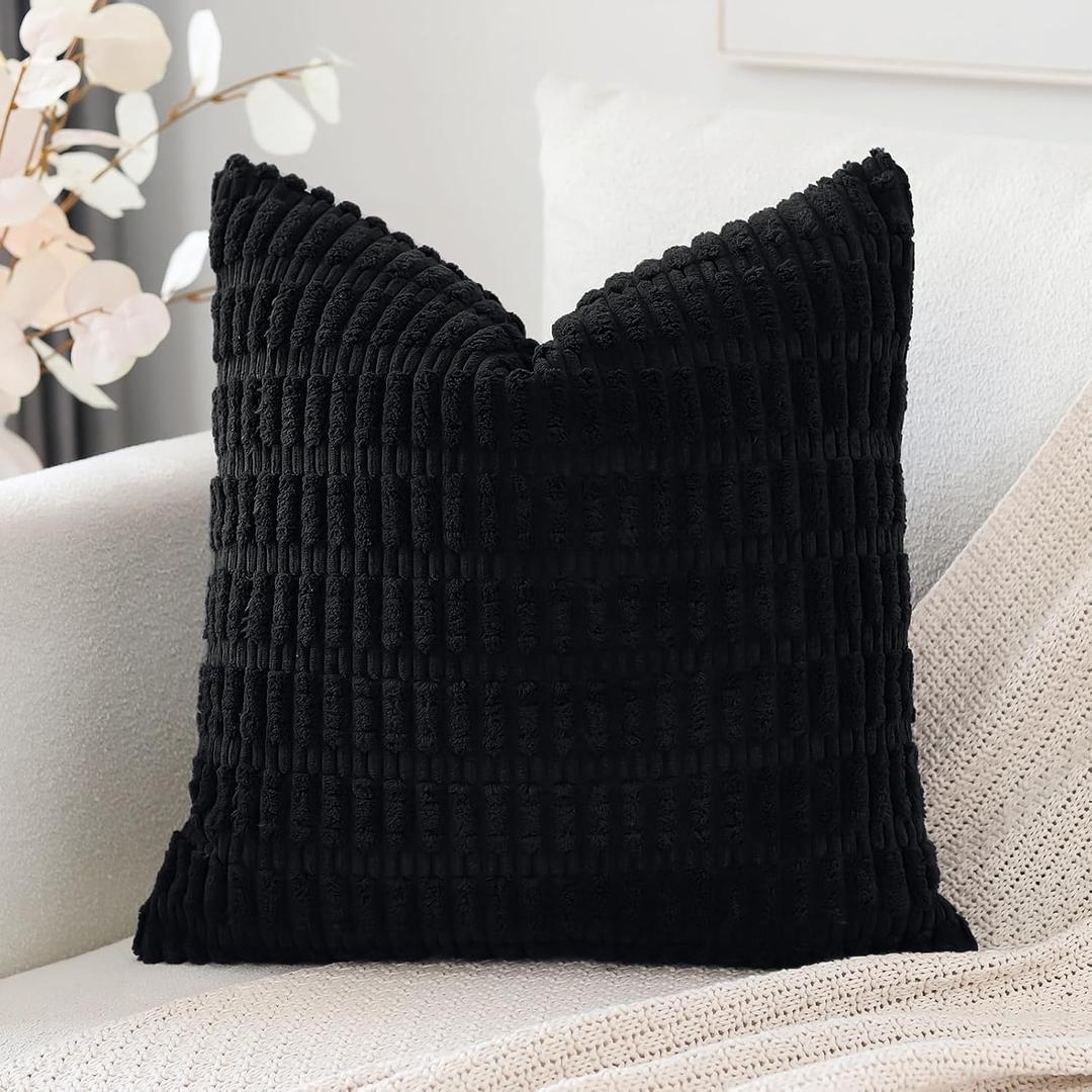OTOSTAR Corduroy Decorative Throw Pillow Covers 22x22 Inch Super Soft Boho Striped Square Pillow Covers Case Modern Cushion Covers for Sofa Couch Bedroom Car Decor Black