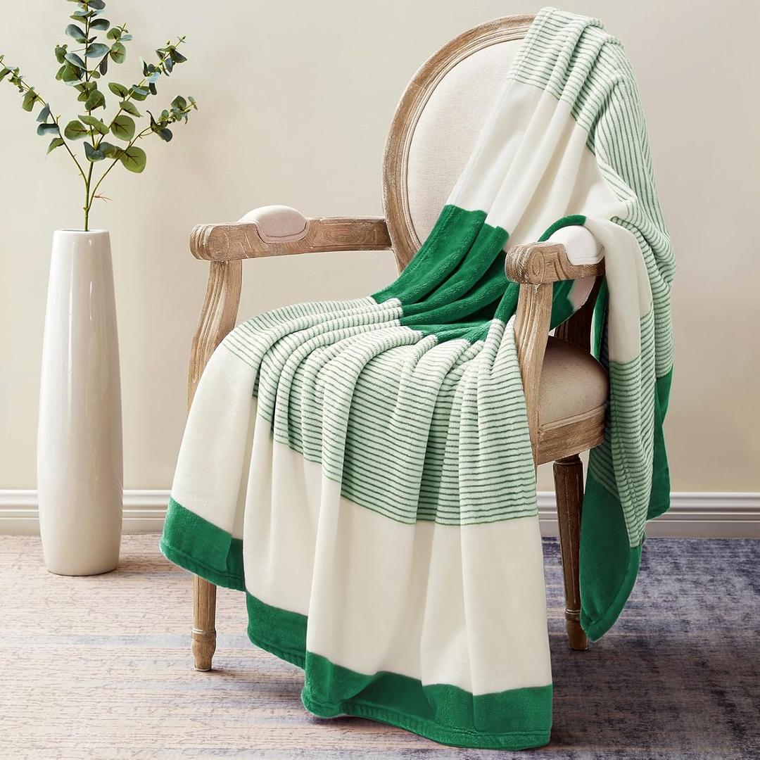 Homelike Moment Fleece Throw Blanket Twin Size, Green Soft Fluffy Twin Blanket, Fuzzy Cozy Plush Flannel Blankets for Sofa, Comfy Warm Lightweight Twin Bed Blanket Striped (Emerald Green, 60x80IN)
