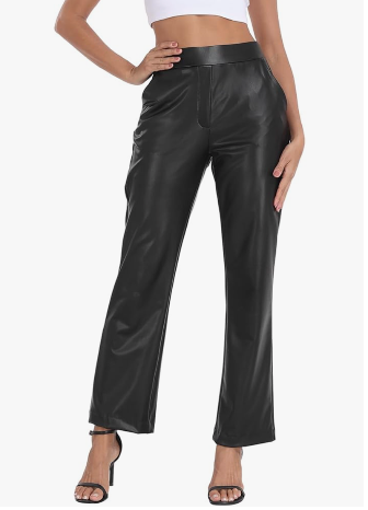 Women's Pull On Faux Leather Pants Black High Waisted PU Leather Kick Flare Pants with Pockets Large