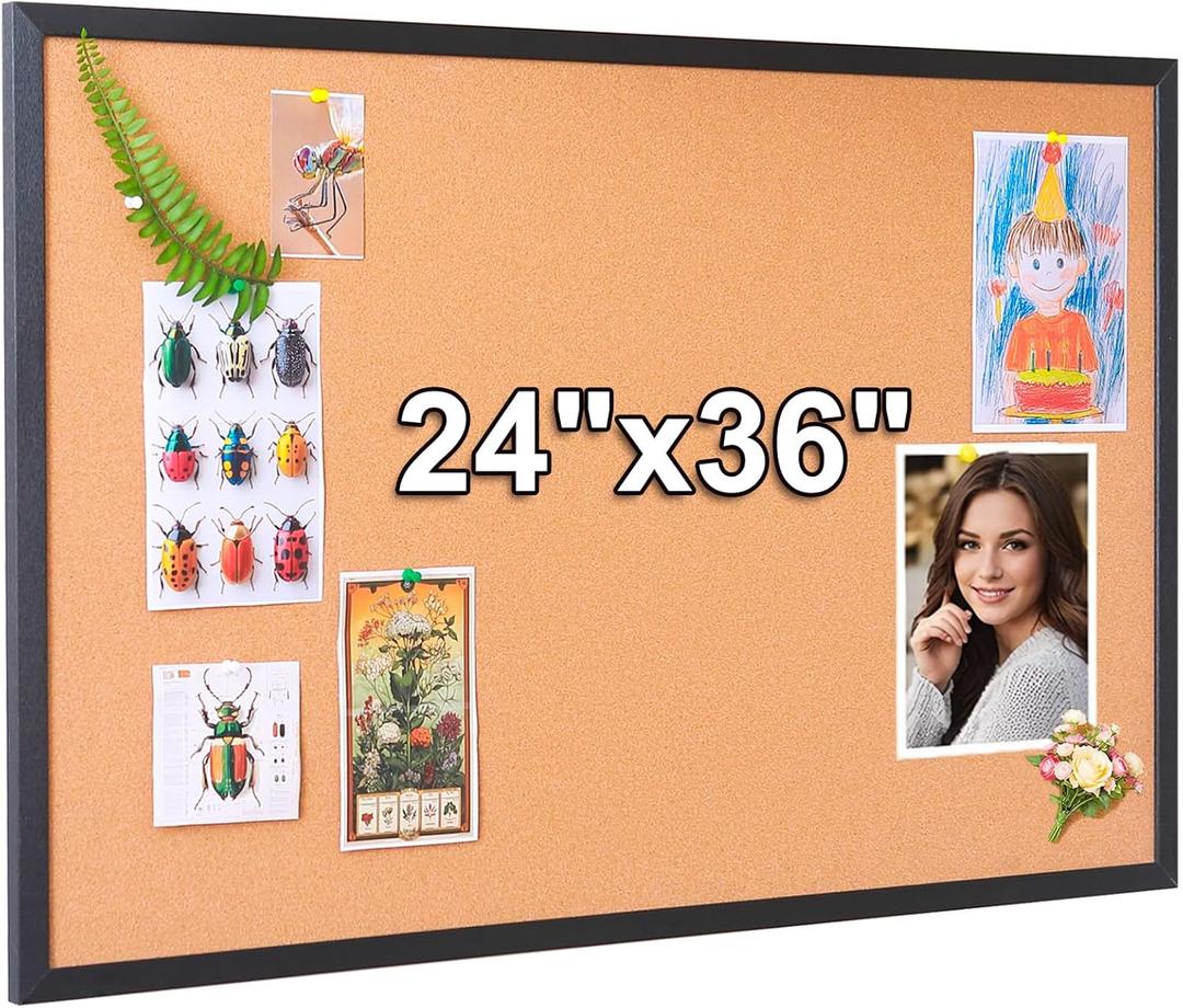 24x36 Inch Cork Bulletin Board for Wall with Black Wood Frame | Modern Pin Board for Office & Home | Includes 20 Push Pins & Mounting Hardware