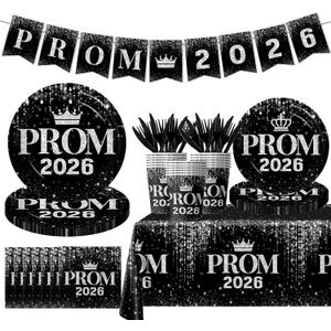 Prom Send Off Decorations 2026 Tableware, Silver Prom Decorations 2026 with Plates and Prom Napkins 2026, Black and Silver Prom Plates and Napkins Party Supplies for Class of 2025 Prom Party