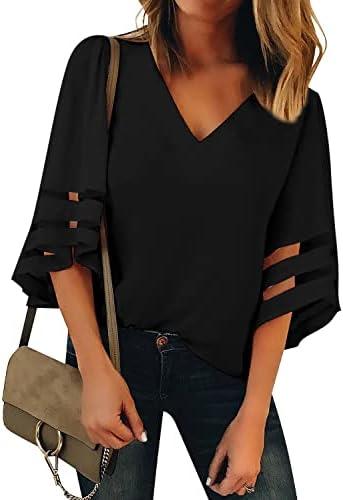 Utyful Dressy Tops for Women Women's Summer Casual V Neck Mesh Panel 3/4 Bell Sleeve Loose Blouse Top, L
