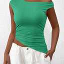 PRETTYGARDEN Womens Off The Shoulder Y2K Tops 2026 Summer Sleeveless Asymmetrical Ruched Going Out Tank Top Fashion Clothing (Green, S)