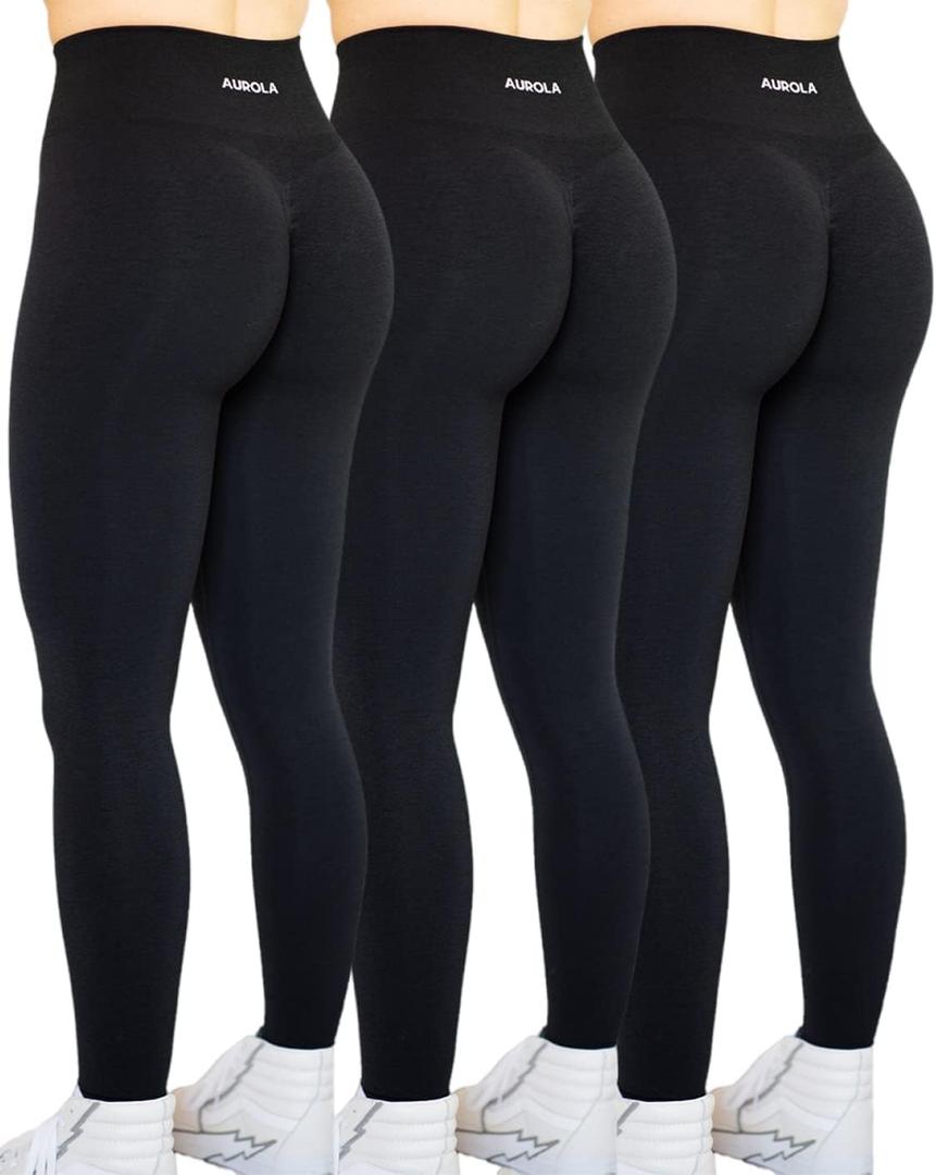 AUROLA Workout Leggings for Women Seamless Scrunch Tights Tummy Control Gym Fitness Girl Sport Active Yoga Pants (Small, Black(3 Pieces Pack))