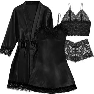Hellomamma Women's Silk Pajama Set: 4-Piece Satin Robe Lingerie Sexy Sleepwear Lounge Set for Brida Wife Girlfriend (Black, XXL)
