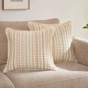 Embroidered Throw Pillow Cover Set of 2, Spring Summer Boho Farmhouse Decorative Pillow Case with Tassels, Textured Cushion Cases for Sofa Living Room Home Decor (Beige, 18" x 18")