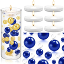 FFUW 200 Pcs Floating Pearls and 6 Pcs Floating Candles NO Hole Pearls for Vases Candles for Centerpieces Home Weddings Table Party Decor(Blue)