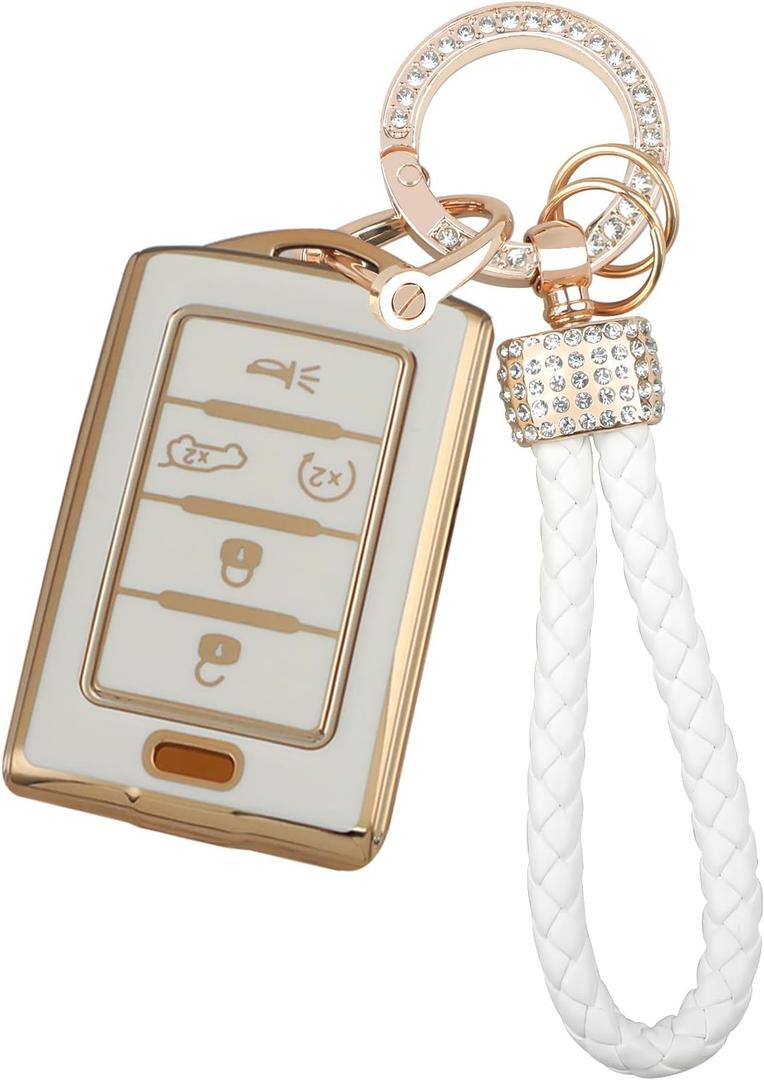 Key Fob Cover Keychain Kit Compatible with Jeep Grand Cherokee L Gladiator Wagoneer Grand Wagoneer Accessories White