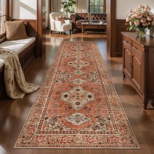 Tangsoo Boho 3x10 Runner Rug for Hallway Long Washable Hallway Runner Rugs, Non Slip Vintage Soft Low Pile Rug Runner, Oriental Terracotta 10ft Carpet Runners for Living Room Kitchen Bedroom Entryway