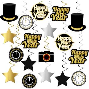 KatchOn, Happy New Year Hanging Swirls 2026 - Pack of 18, NO DIY | New Years Eve Party Supplies 2026 | NYE Decorations 2026 | Happy New Year 2026, NYE Party Favors | Happy New Years Decorations 2026 (Black and Gold With Silver Star)