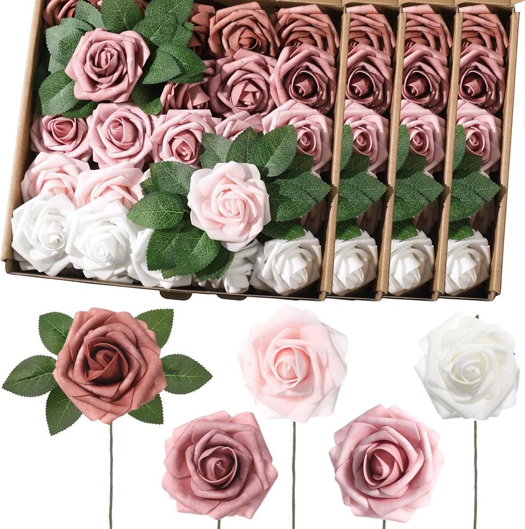 100 Pcs Artificial Foam Rose Flower Faux Bouquet Wedding Fake Rose Gift for Mother's Day Women DIY Bridal Shower Party Table Birthday Home Spring Decor (Shades of Dusty Pink)