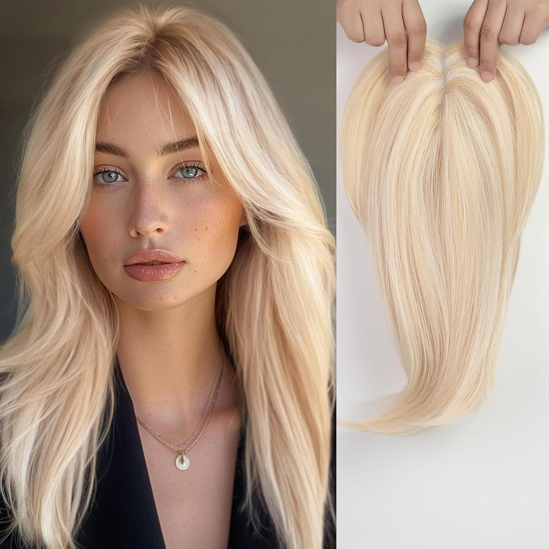 Starluck 18 Inch Light Blonde & Bleach Blonde Layered Hair Topper with Bangs for Women, Synthetic Base with 3 Clips for Women with Thinning Grey Hair Loss