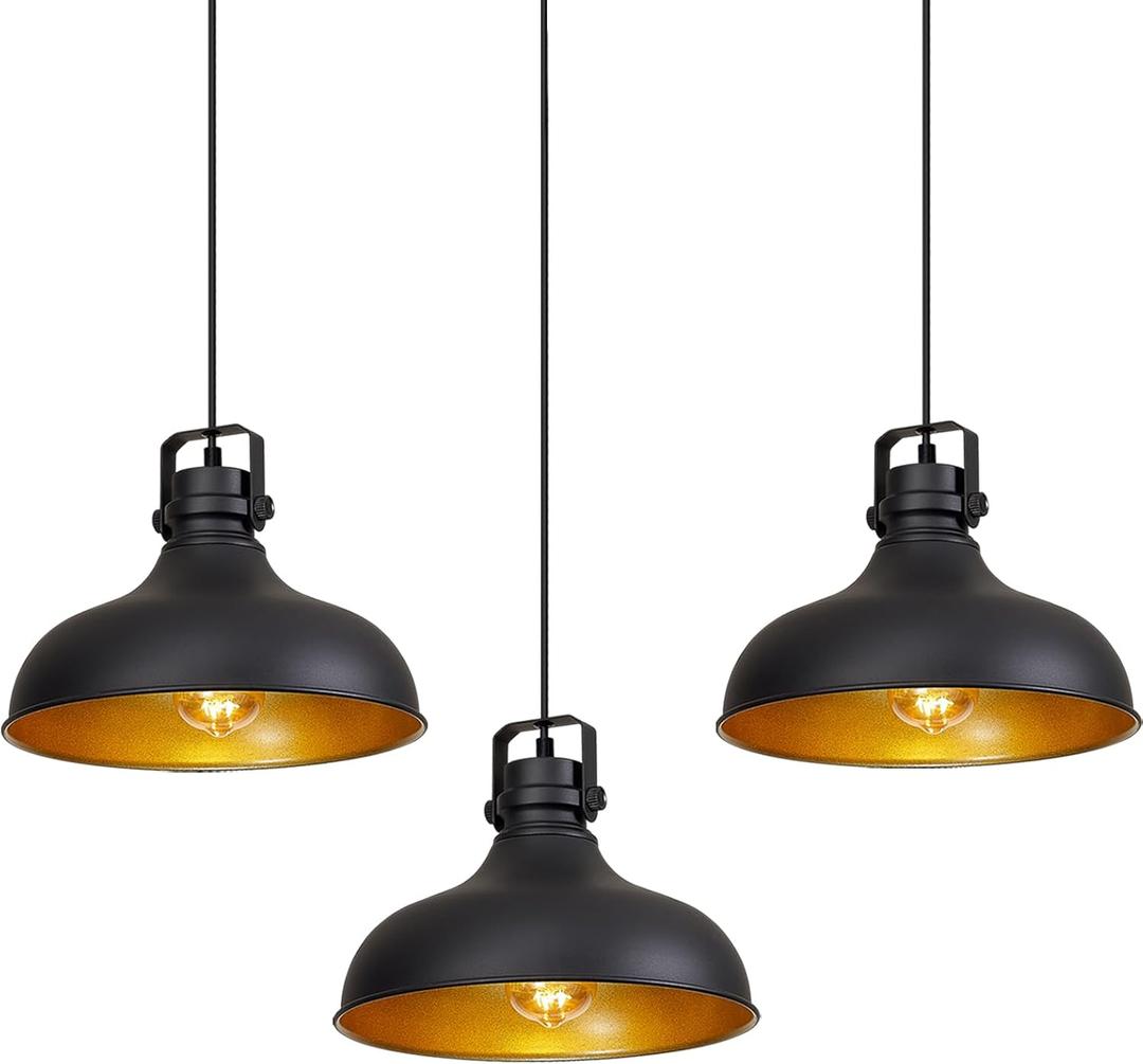 Black Farmhouse Pendant Lights Matte Pendant Lighting for Kitchen Island Industrial Adjustable Height Vintage Dome Hanging Light Fixtures for Barn, Dining Room 3 Packs