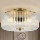 AUQUEE 3-Light Gold Flush Mount Ceiling Light, 11.8" Modern Hallway Light Fixtures Ceiling Mount with Ribbed Clear Glass Shade, Bright Close to Ceiling Lamp for Bedroom/Kitchen/Entryway/Dining Room, 11.8inch Full Flush
