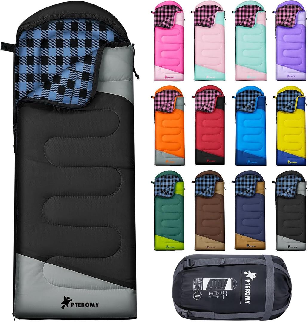 PTEROMY Sleeping Bags for Adults, Lightweight and Machine Washable, Water Resistant Backpacking Camping Sleeping Bag for Warm Cold Weather, Camping Essentials for Hiking Travel (10F~45F, Black)