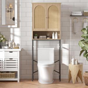 Rattan Toilet Storage Cabinet, Over The Rack Wood Cabinet with Metal Stand, Bathroom Organizer with Adjustable Shelf, Tall Freestanding Washer Shelf, Small Cupboard, Natural (Rattan Door-natural)