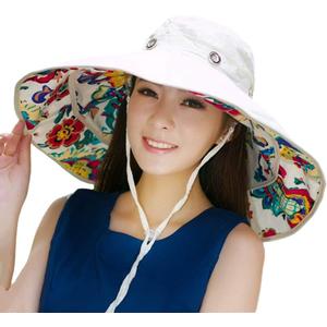 Packable Extra Large Brim Floppy Sun Hat Reversible UPF 50+ Beach Sun Bucket Hat Beige (White)