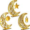 Vicenpal 3 Pcs Acrylic Eid al-Adha Decorations Eid Mubarak Table Sign Ramadan Moon Hollow Star Ornament for Muslim Party Tabletop Decor Home Craft Decoration Golden Moon