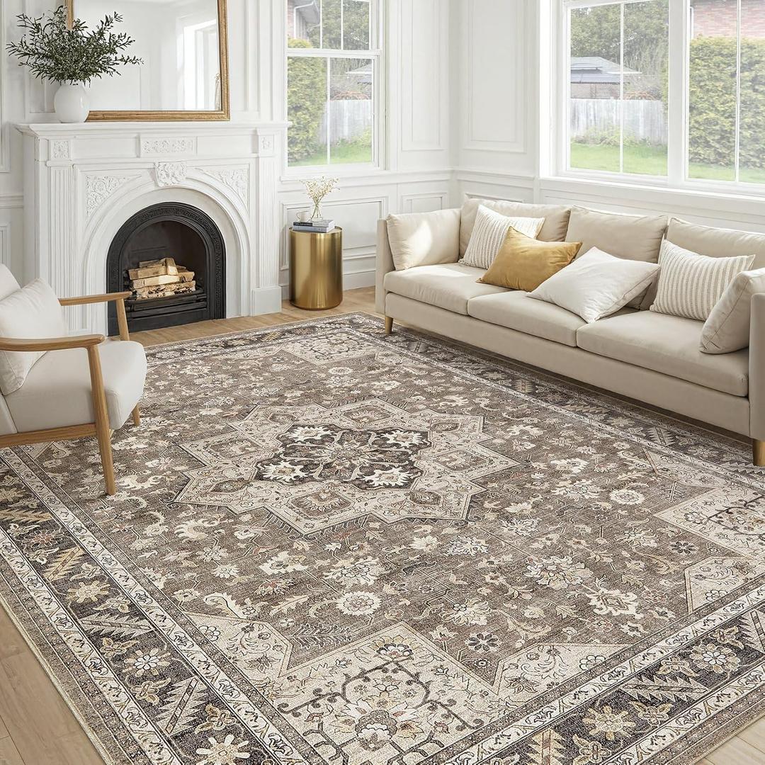 Vintage Living Room Area Rug 10x13 - Large Soft Washable Oriental Traditional Distressed Farmhouse Rugs for Bedroom - Indoor Floor Accent Carpet for Home Office House Decor - Brown