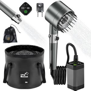 Portable Shower for Camping 6000mAh Rechargeable Shower Pump with Intelligent LED Display & 20L Foldable Bucket 4 Spray Modes Outdoor Shower Head IPX7 Waterproof for Hiking, Travel, Car, Pet, Beach