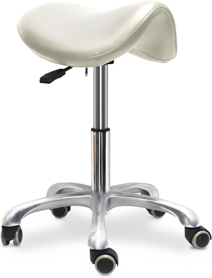 Saddle Stool with Wheels,Rolling Stool,Rolling Chair Ergonomic Swivel Rolling Chair with Hydraulic Lifting Height Adjustable Rolling for Office Medical Massage Salon Drafting(White)