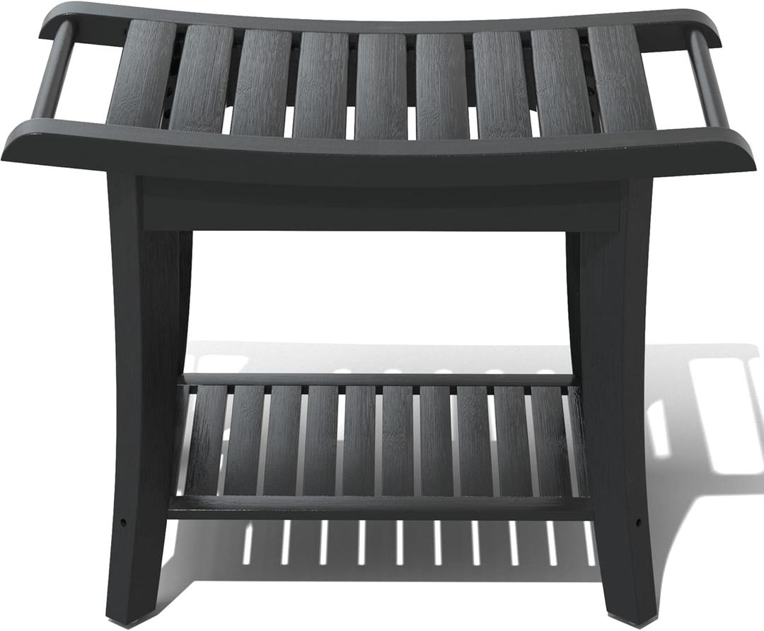 Bamboo Shower Stool Bench Waterproof with Storage Shelf for Shaving Legs or Spa Bath Seat in Bathroom & Inside Shower for Adults Seniors Elderly (24 x 13.4 x 18.5 inches+Black)