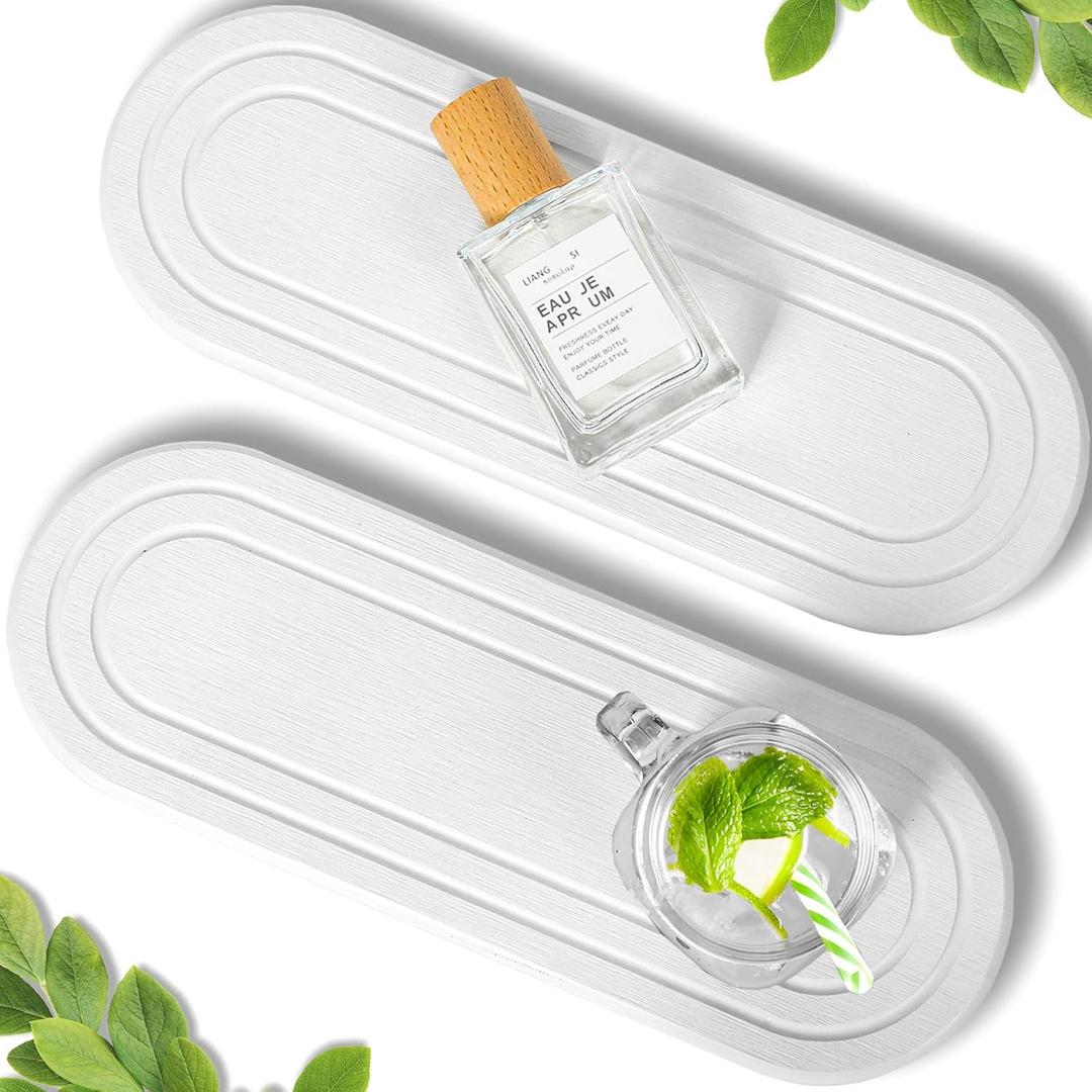 2PCS Water Absorbing Stone Tray, Fast Drying Diatomite Stone Sink Tray, Water Absorbent Diatomite Coasters, Stones Soap Trays for Kitchen Sink, Bathroom Counter Hand Soap Dish & Holders (2pcs 2110cm White Oval)