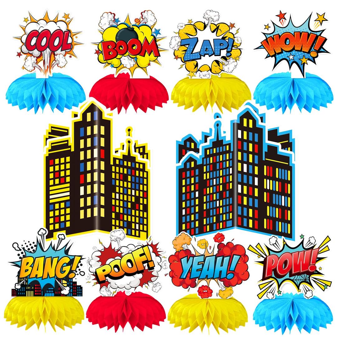 10 Pieces Hero Party Decoration, Hero Honeycomb Centerpieces 3D Table Topper Standing Decorations, Hero-Theme Party Supplies for Birthday Shower Decorations
