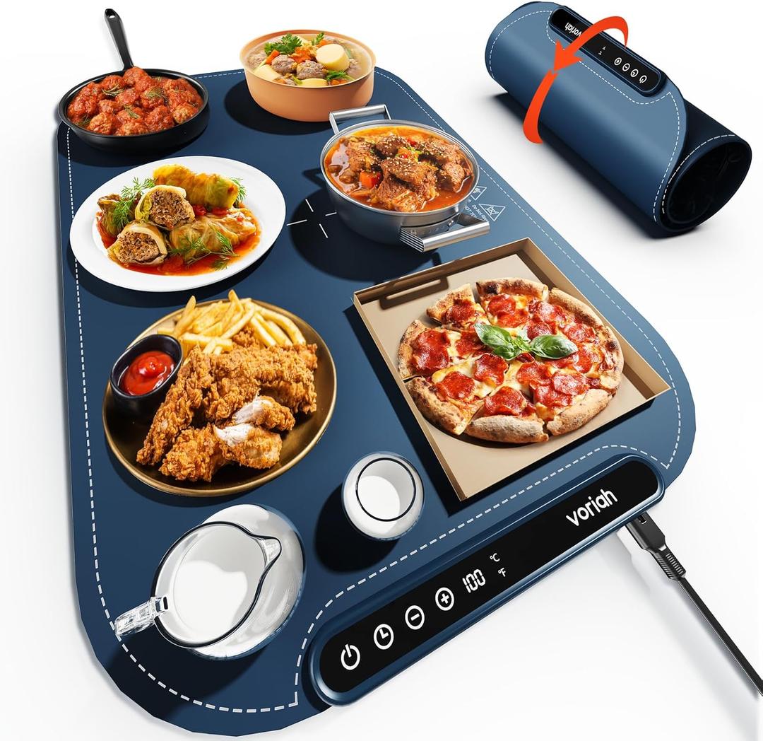 Warming Mat for Food, Voriah Electric Warming Tray with 99H Timer & 8 Temperature Settings, Foldable Food Warmer with C/F Switch, Keeps Food Warm at Buffets, Sabbath, Family GatheringsNavy Blue (L-24*16'')