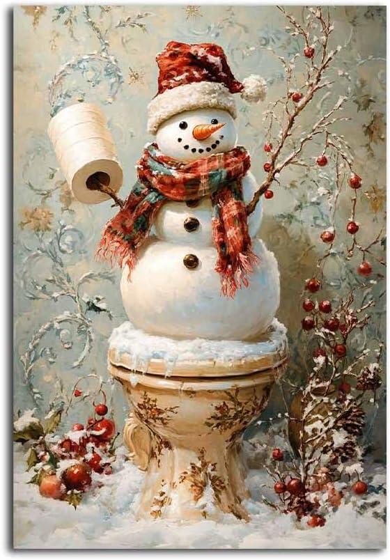 NTEUMM Christmas Wall Art Snowman Wall Decor Snowman on The Toilet Christmas Pictures Home Decorations Winter Scene Painting Farmhouse Poster Living Room Wall Art Canvas Prints Canvas Roll 16x24 inch (Color2-Unframed)