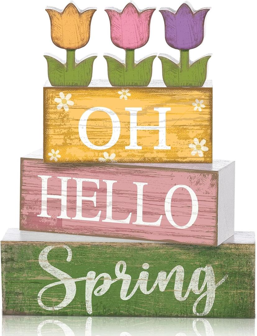 Moucuny 9 Pcs Hello Spring Decoration Wooden Tulip Tiered Tray Decor Spring Centerpieces for Table Double Side Flower Wooden Block Signs for Farmhouse Home Kitchen Shelf Mantel Display