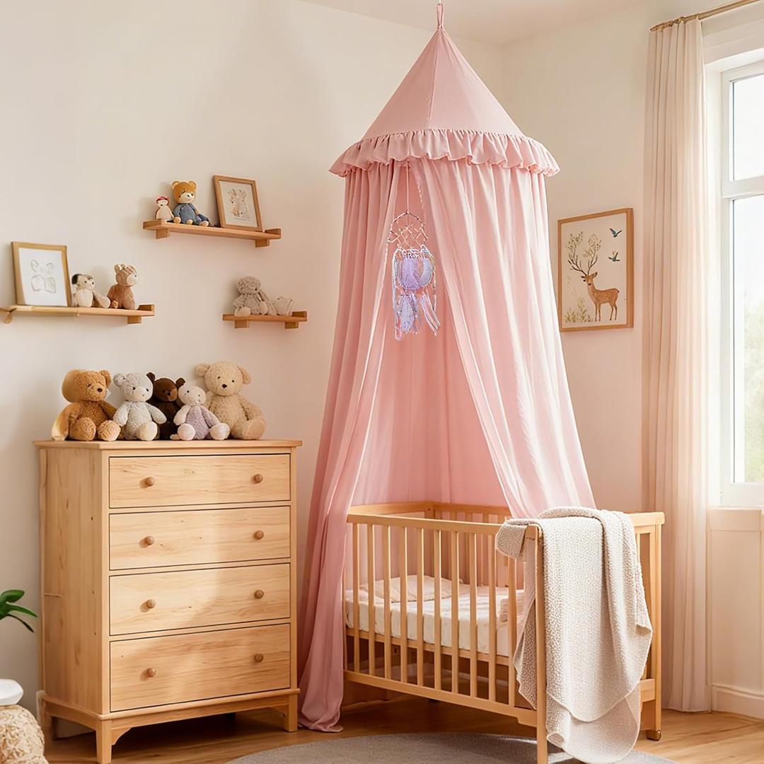 Akiky Kids Bed Canopy for Crib & Twin Size with Ruffles Dreamcatcher, Princess Girls Nursery Room Decor Toddler Baby Dome Round Hanging Tent Curtains Skirt Over Bed Reading Nook Play Tents Pink (25.6"W*106"L)