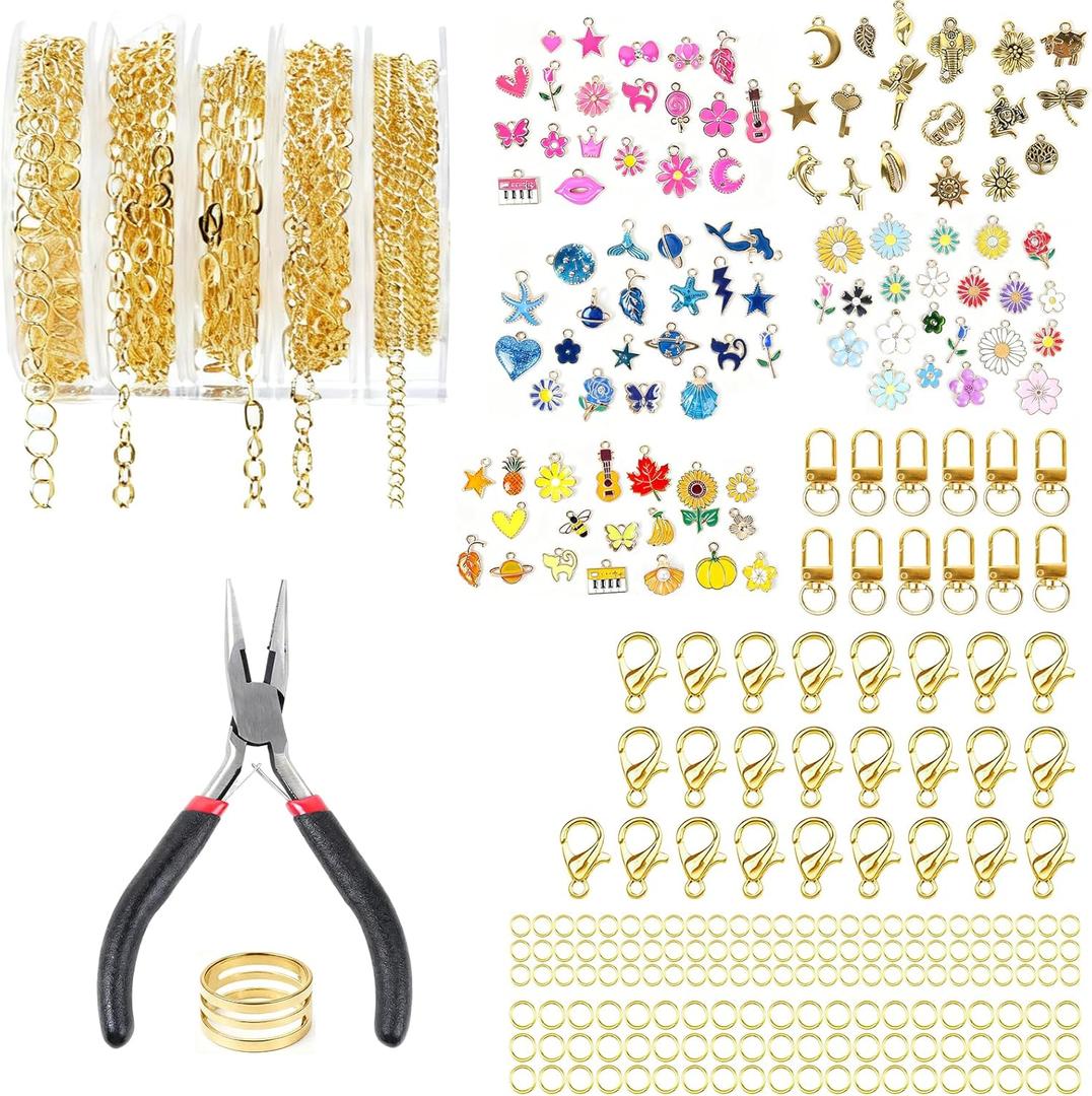 Gold Chain for Jewelry Making,16.4 ft 5 Gold Rolls Plated Jewelry Chains for DIY Necklace Bracelet Keychain Making Accessories with Charm Pendants, Jump Rings, Lobster Clasps, Pliers, Keychain Clips