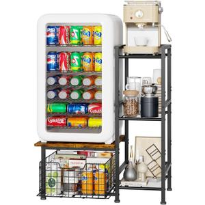 Mini Fridge Stand with Storage, Coffee Bar with Mini Fridge Space, Small Refrigerator Stand, Wine Cabinet, Kitchen Storage with Basket for Dorm, Apartment, Living Room, Office