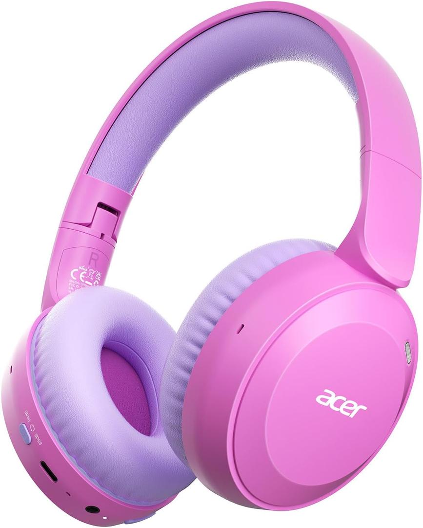 acer Kids Bluetooth Headphones, 85/94dB Volume Limiter, Foldable Wireless Over-Ear Headphones for iPad, Travel, 60H Playtime, Bluetooth 6.0, Built-in Mic, Pink, OHR668