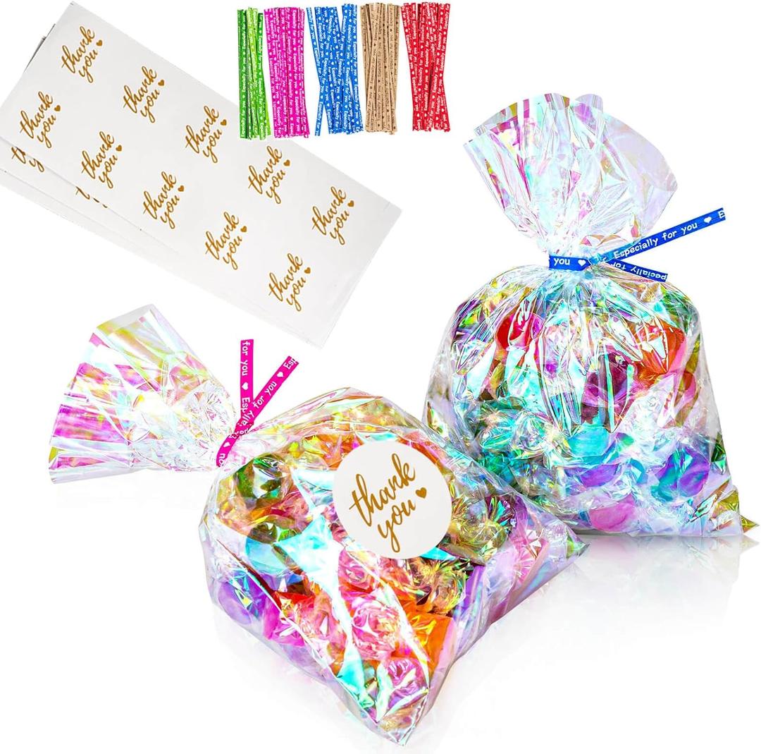 Cellophane Treat Bags, 5x7 Inch Iridescent Cellophane Bags with Thank You Stickers and Twist Ties, Celebrations Baby Showers Weddings Birthday Party Gift Wrapping(Pack of 100)