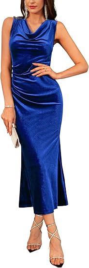 GRACE KARIN 2025 Velvet Wedding Guest Dresses for Women, Winter Formal Cocktail Maxi Dress, Cowl Neck Mermaid Evening Gown (Small, Blue)