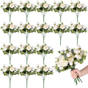 Yunlly 16 Packs Artificial Peony Flowers Faux Peonies Bouquet Silk Vintage Wedding Home Table Door Decor Reusable Bouquet Rose Flowers for Bridal Wedding Birthday Home(White,Peony)