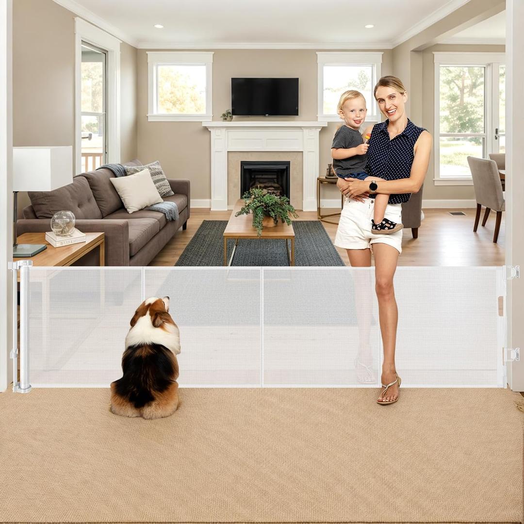 Reinforced 28 Inch Tall Retractable Baby Gates for Dogs - Easy Step Over, 100" Extra Wide Baby Gate with Support Rods, Indoor Mesh Dog Gates for The House Outdoor Retractable Gate Small Pet Gate/White