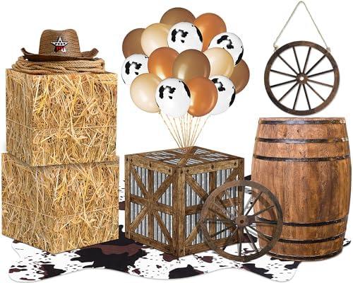 Weekgrat Western Cowboy Party Decor Hay Bales Boxes Cowhide Rug Wine Barrel Wooden Wagon Wheel Cowboy Balloons for Birthday Wild West Party Supplies Farm Decoration