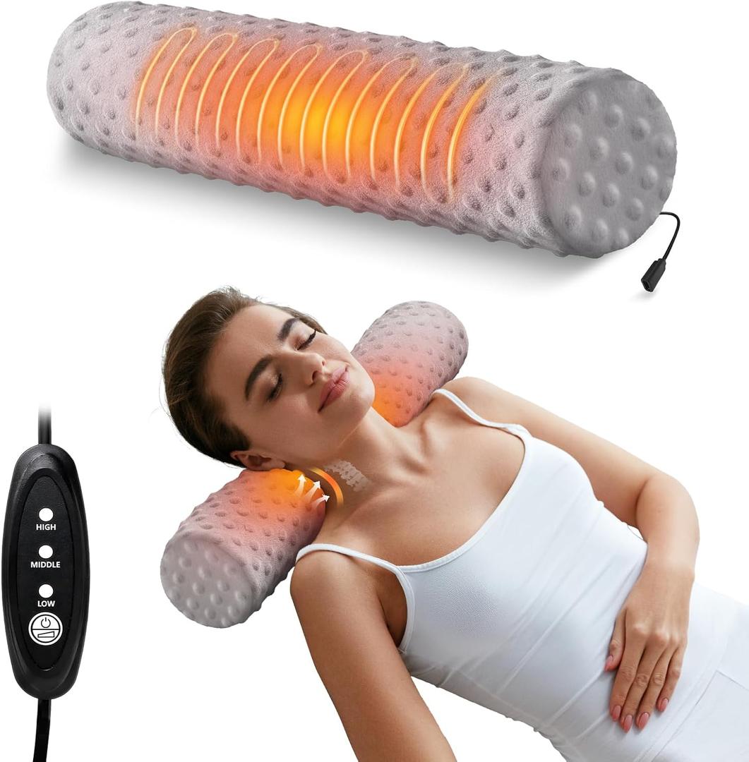 USB Heated Neck Pillow, Memory Foam Cervical Roll Pillow for Neck Pain Relief, 3 Heating Settings, 60 Min Auto Off, 18"x 4" Bolster Round Pillow, Washable Cover