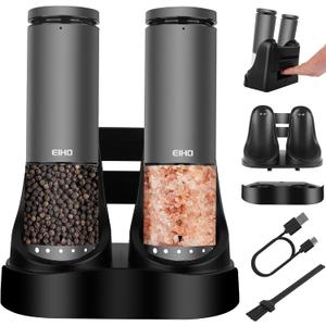 EIHO Electric Salt and Pepper Grinder Set USB Rechargeable, Upgraded External Adjustable Coarseness, Aluminum Alloy Automatic Salt and Pepper Shakers Mills with LED Light, House Warming Cooking Gifts (Charging Base-Space Gray Set)