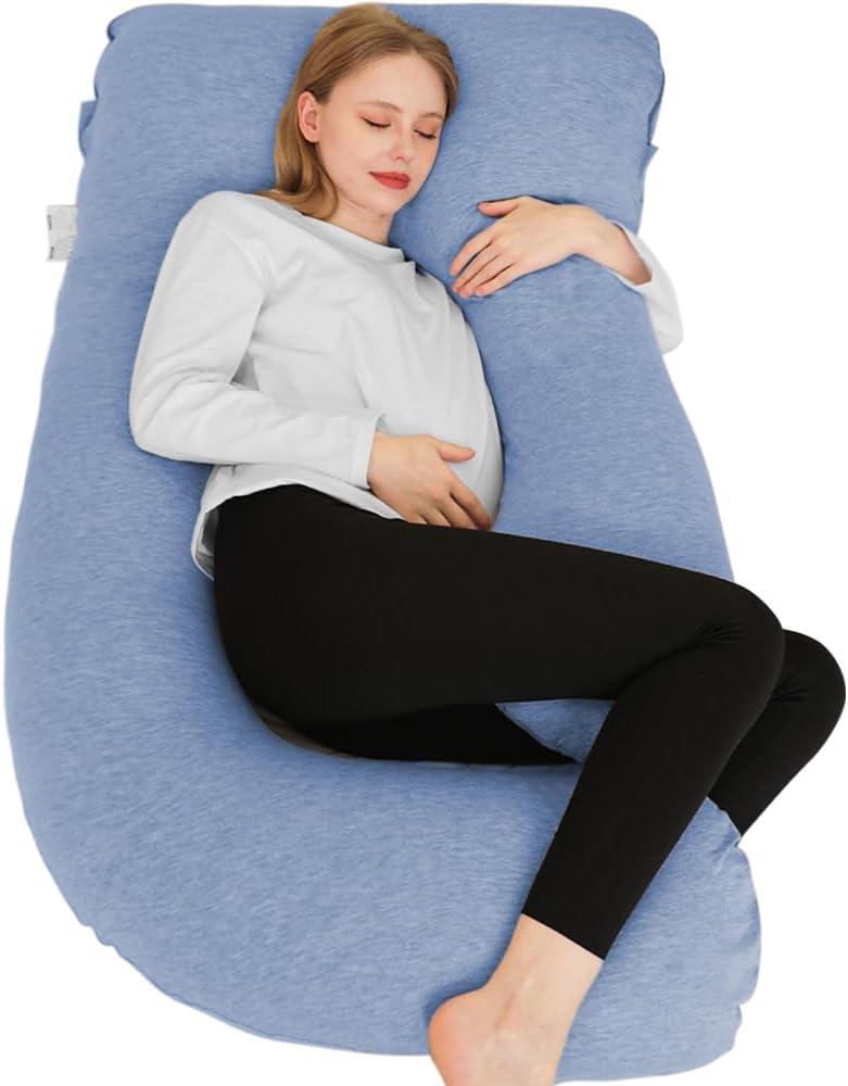 Chilling Home Pregnancy Pillow, U Shaped Pregnancy Pillows for Sleeping Full Body Pillow Maternity Pillow for Pregnant Women 58 inch, Pregnant Women Must Have with Removable Cover, Blue-Jersey