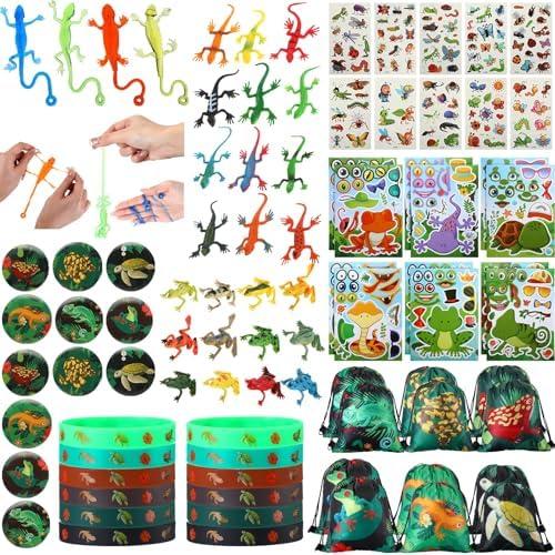 Paterr 94 Pcs Reptile Party Favors Reptile Birthday Party Supplies Decorations Include Gift Bags Slap Bracelets Badges Tattoos Stickers frog Lizard Toys Stretchy Sticky Toys for Boy Girl