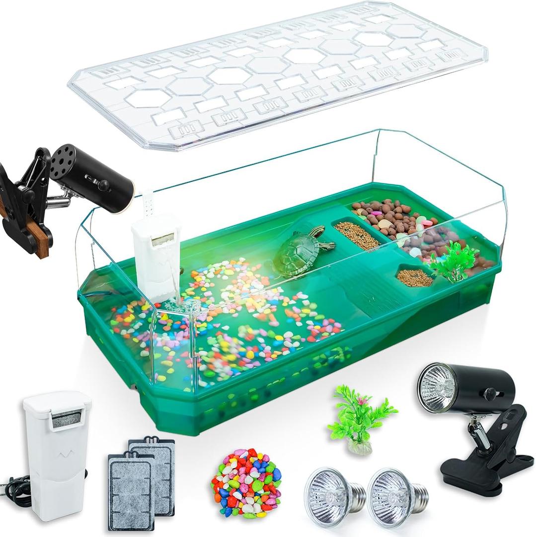 Aquatic Turtle Tank Habitat Kit Stone+Filter+Heat Lamp Enhancing Interaction with 360 Viewing, Standalone Filtration, DIY Creative Zone, Enriched Living (Green, X-Large[with Light])