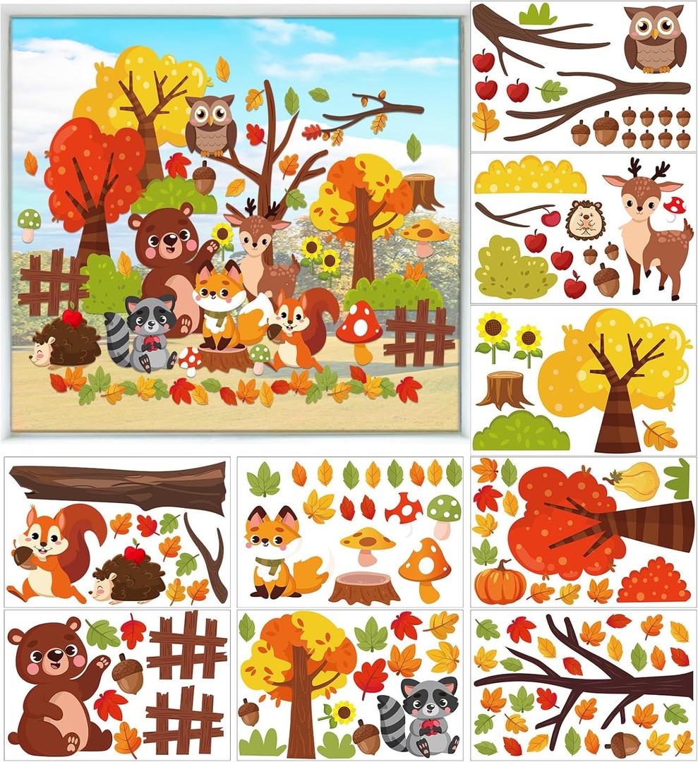 Cinrobiye Fall Animal Window Clings, Thanksgiving Woodland Animals Window Classrooms Door Stickers Autumn Gel Decals for Harvest Preschool Kindergarten Elementary Wall Glass Blackboard Decor, 9 Sheets