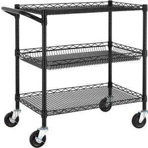 Finnhomy 3 Tier Heavy Duty Commercial Grade Utility Cart, Wire Rolling Metal Trolley with Handle Bar, Steel Kitchen Service Cart with Wheels, Food Storage Trolley on Wheels, NSF Listed, Black